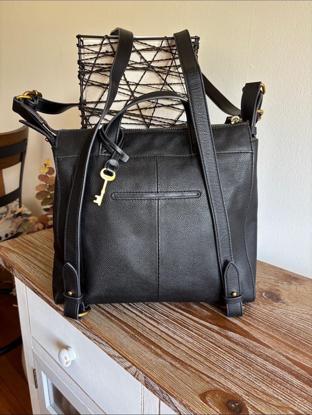 Black Leather Convertible Shoulder/Backpack with Key Charm